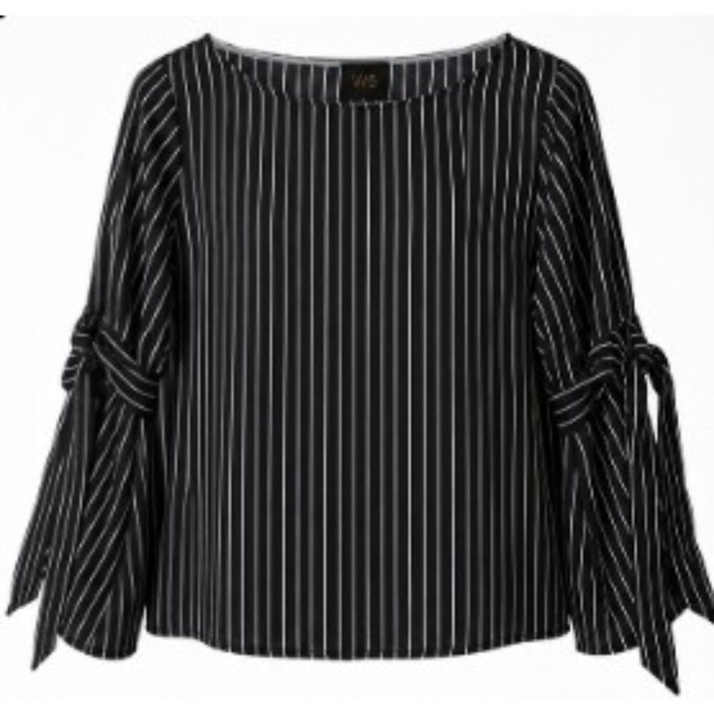 W5 Black White Pinstripe Long Bell Sleeve Tie Cuff Blouse Top Size Small S